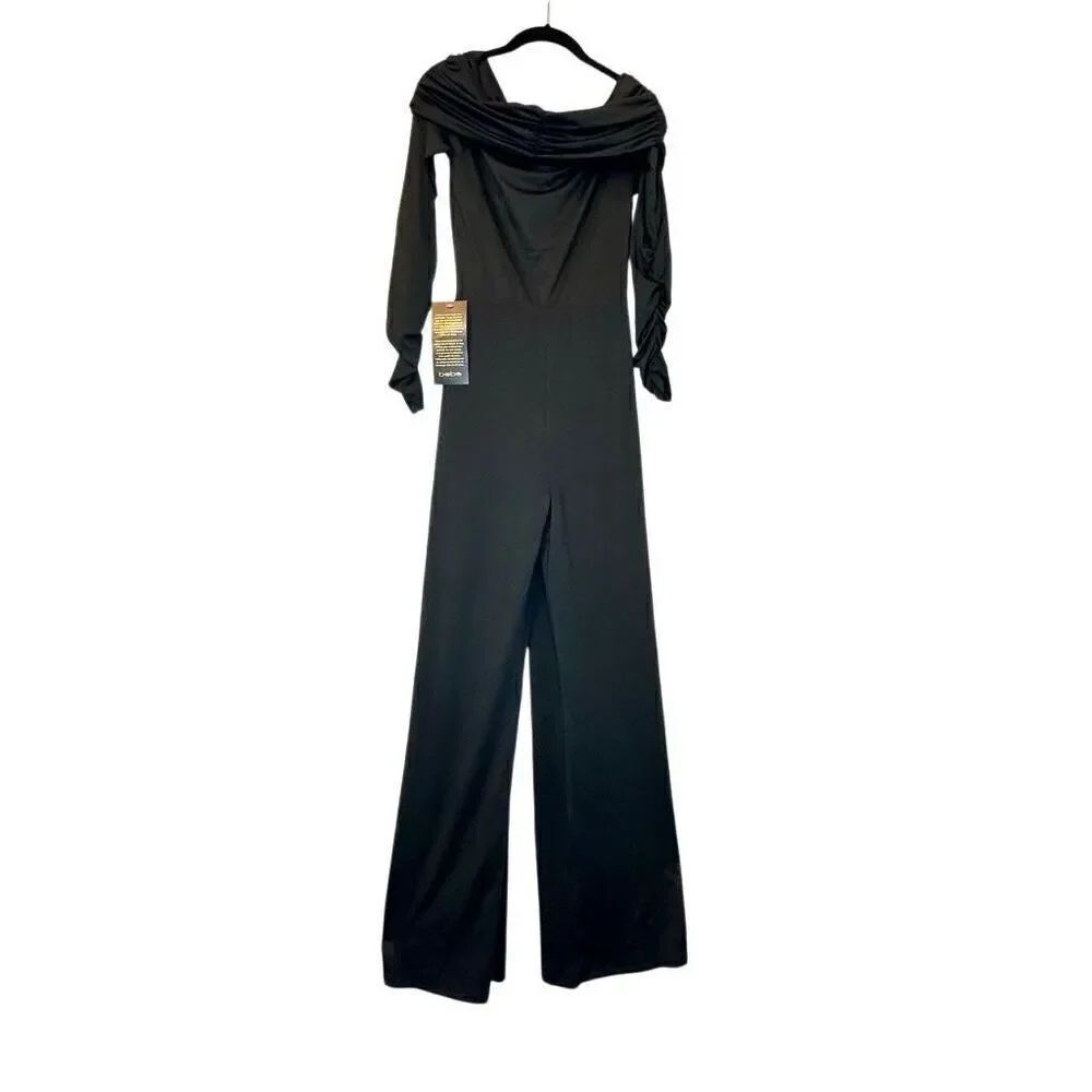 NWT BeBe Ruched Long Sleeve Jersey Off Shoulder Slinky Jumpsuit Black XS